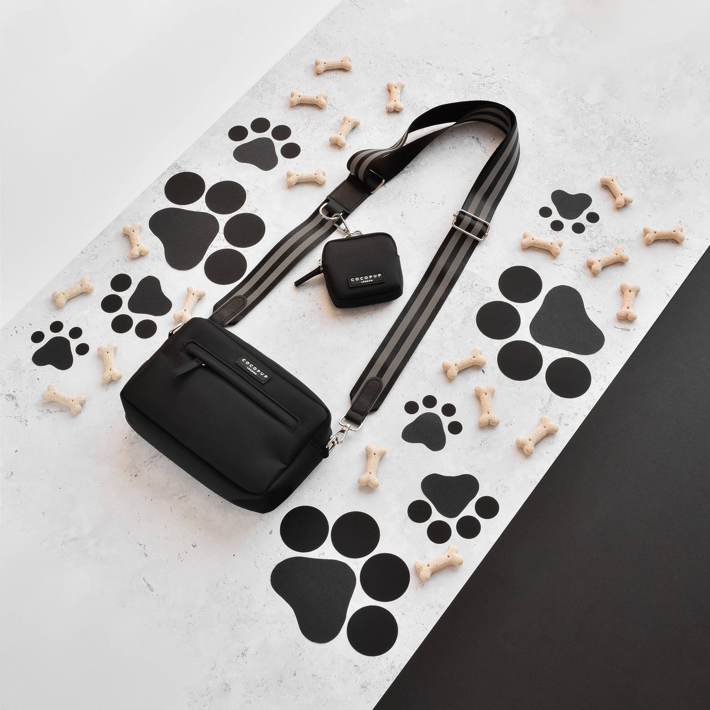 Ensemble Sac de promenade + anse réfléchissante + pochette frifri pour chien - Noir