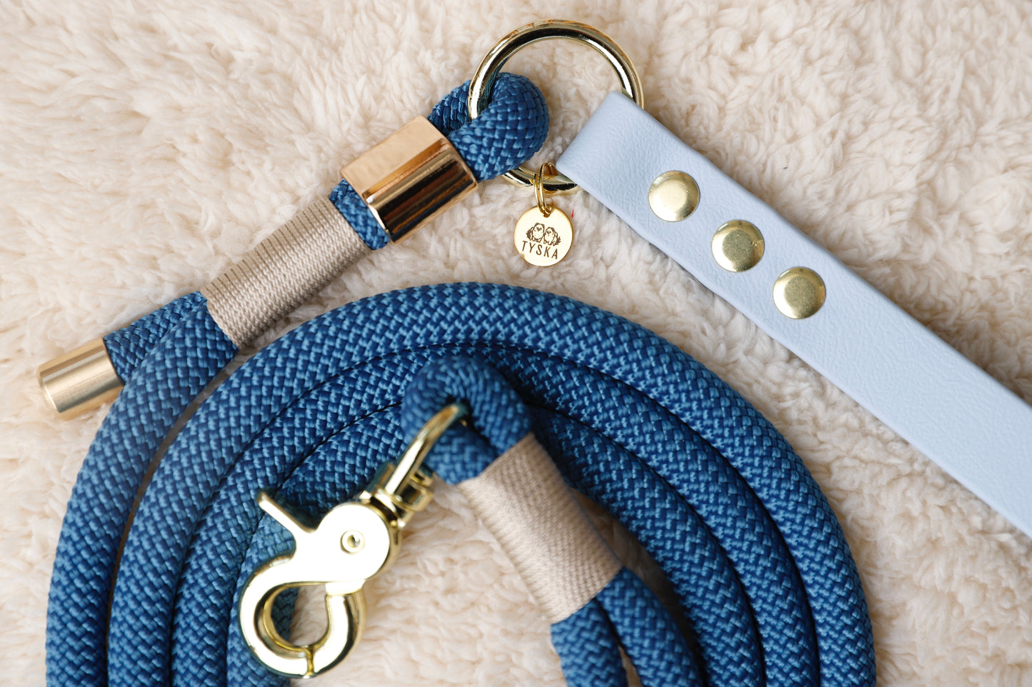 Laisse corde et biothane bleu