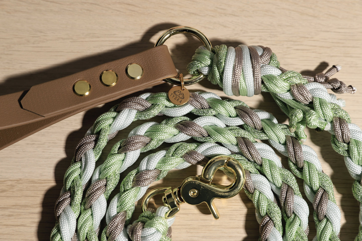 Laisse tressée vert-beige